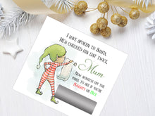 Load image into Gallery viewer, Elf Naughty or nice Scratch off card with reading Santas list and silver scratch off panel to reveal the word Naughty or Nice

Reads We have spoken to Santa Hes checked his list twice
Now scratch off the panel to see if you are Naughty or Nice

