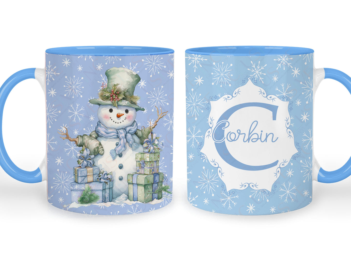 Image shows both sides of mug with snowman to one side and inital and name to other.