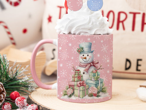 Pink ceramic mug with festive snowman design personalised with any name and initial in matching pink. Also available in blue

Snowman is surrounded by brightly wrapped presents and sits on a pink background with white snowflakes.