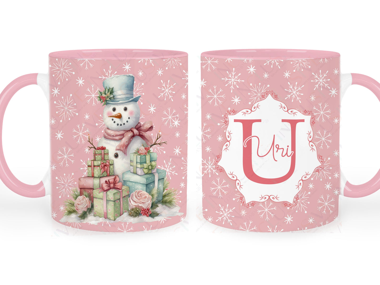 Image shows both sides of mug with snowman to one side and inital and name to other.