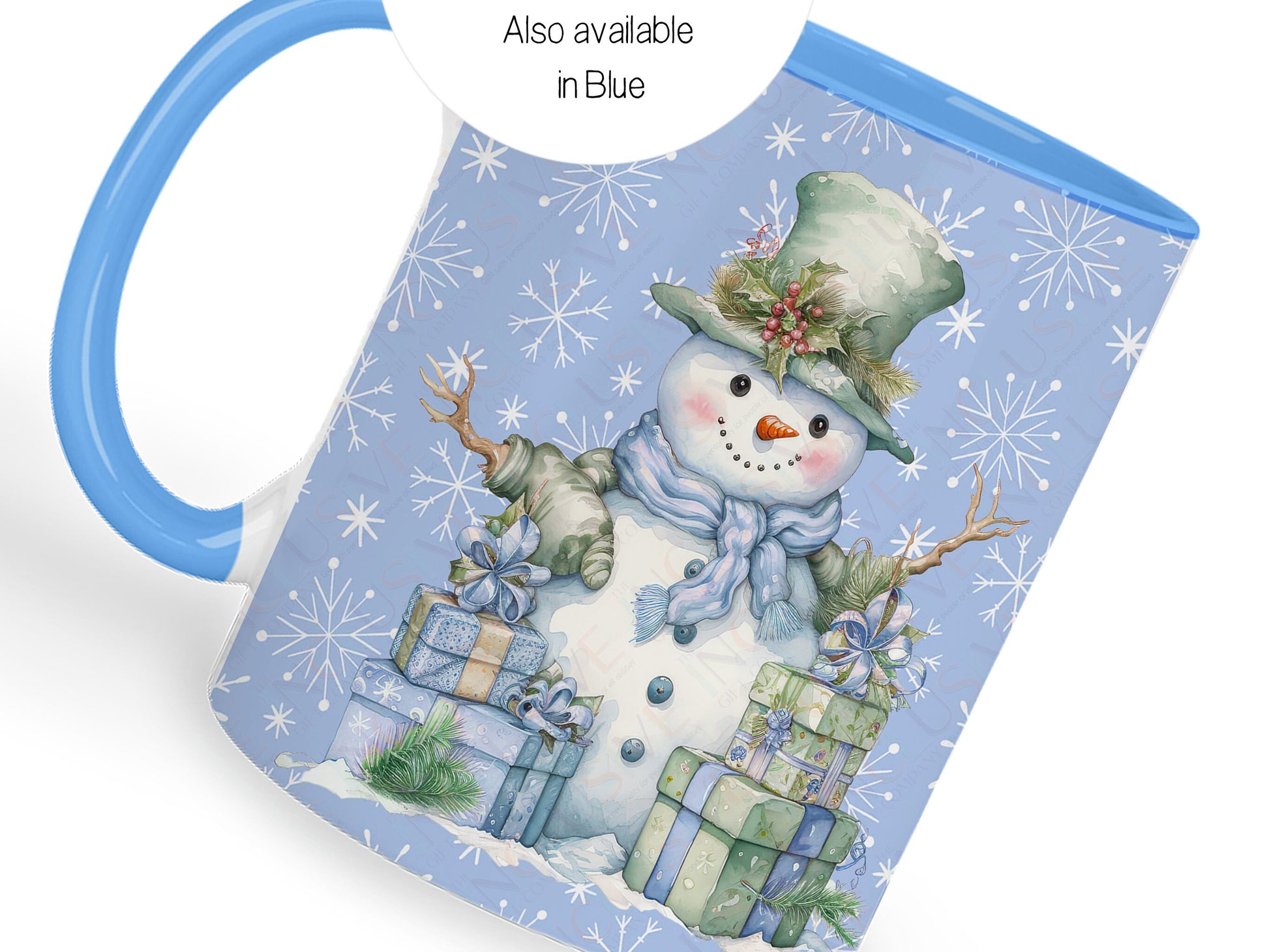 Also available in blue

Snowman is surrounded by brightly wrapped presents and sits on a blue background with white snowflakes.