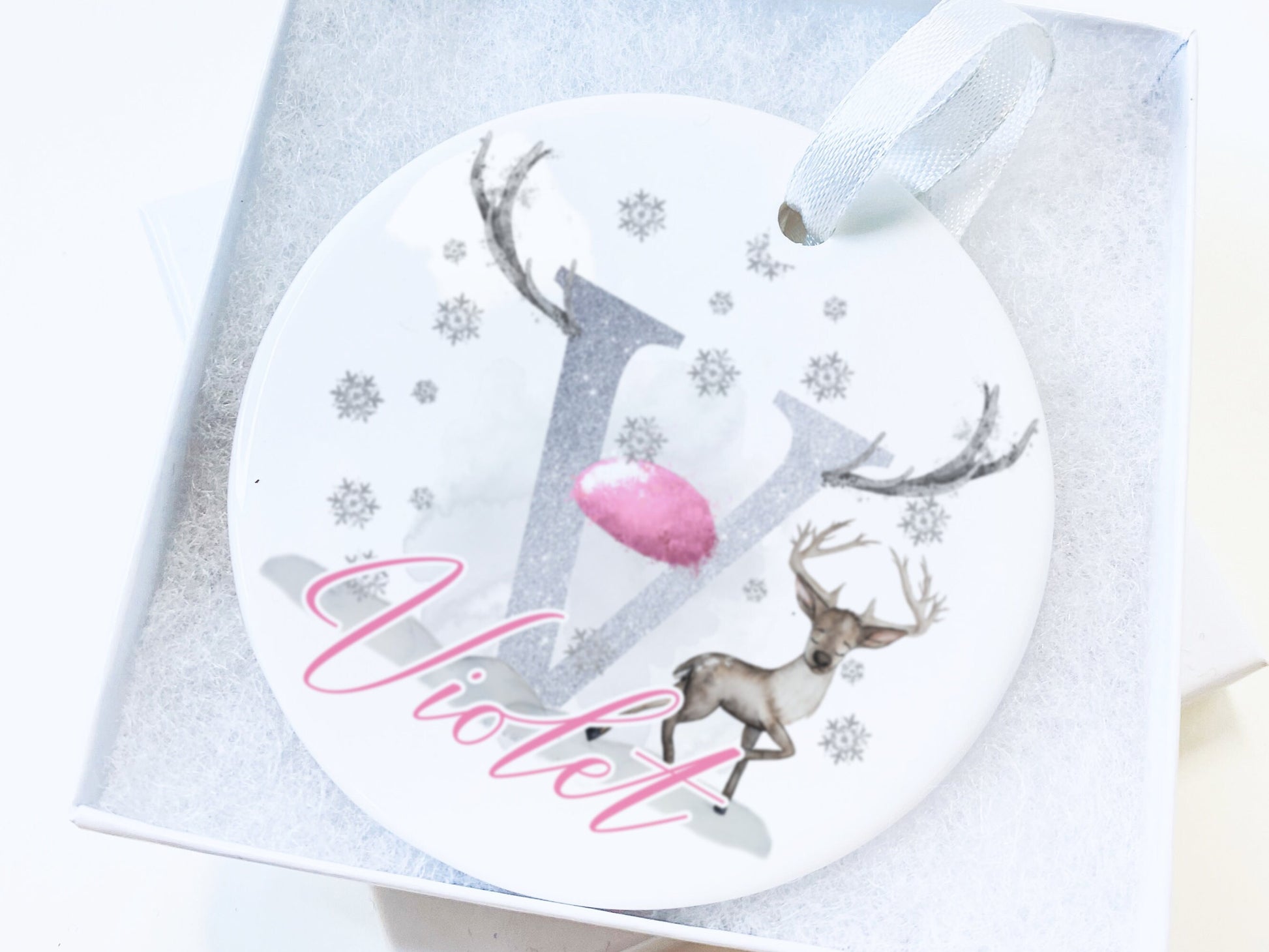 Image shows Silver initial with Pink nose and matching Pink name.