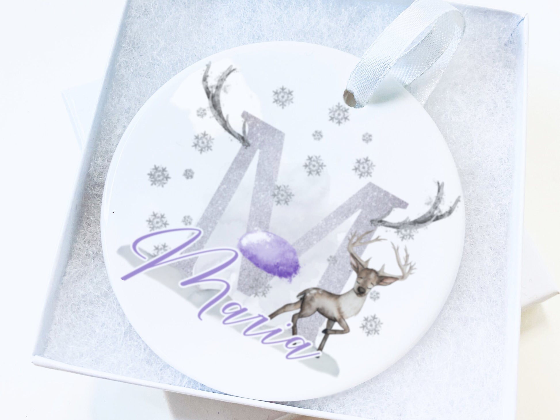 Image shows Silver initial with Lilac nose and matching Lilac name.