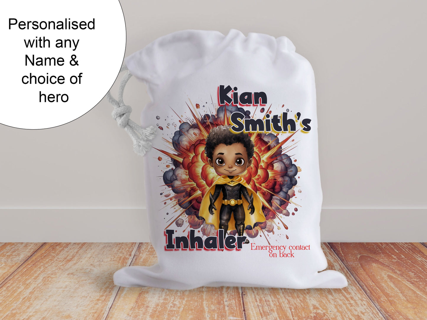 Superhero character Inhaler bag for school and travel, Personalised medicine bag for children, Inhaler and spacer drawstring storage,