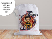 Load image into Gallery viewer, Superhero character Inhaler bag for school and travel, Personalised medicine bag for children, Inhaler and spacer drawstring storage,
