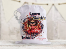 Load image into Gallery viewer, Superhero character Inhaler bag for school and travel, Personalised medicine bag for children, Inhaler and spacer drawstring storage,
