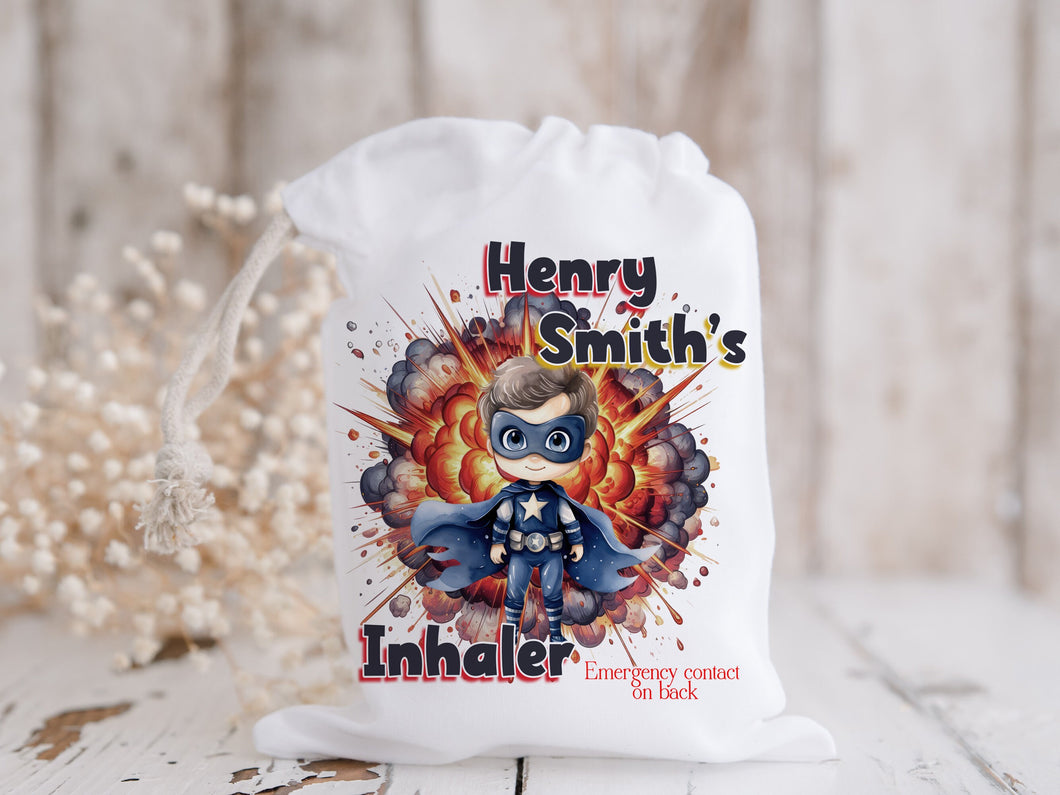 Superhero character Inhaler bag for school and travel, Personalised medicine bag for children, Inhaler and spacer drawstring storage,