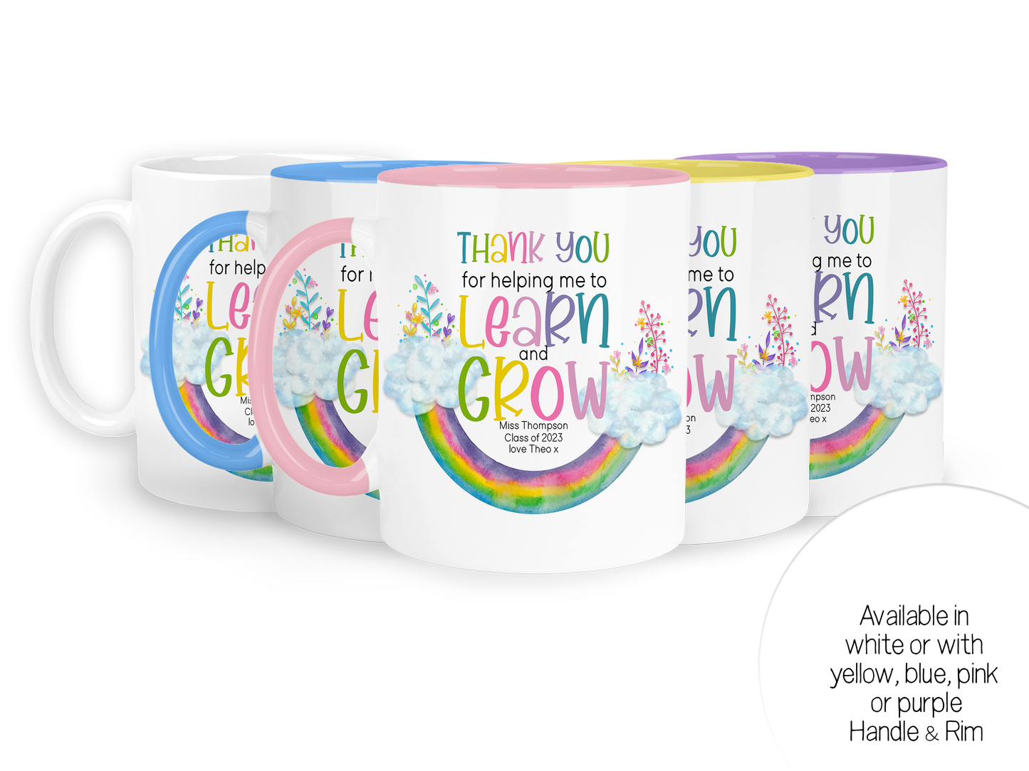 Available in yellow, pink, purple or blue handle and rim or plain white ceramic mugs