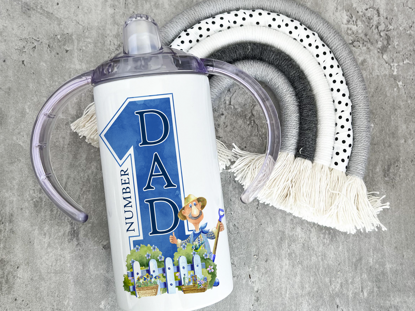Printed Tumbler with clear plastic Two handled Sippy cup lid. Great for adults with disabilities and kids alike