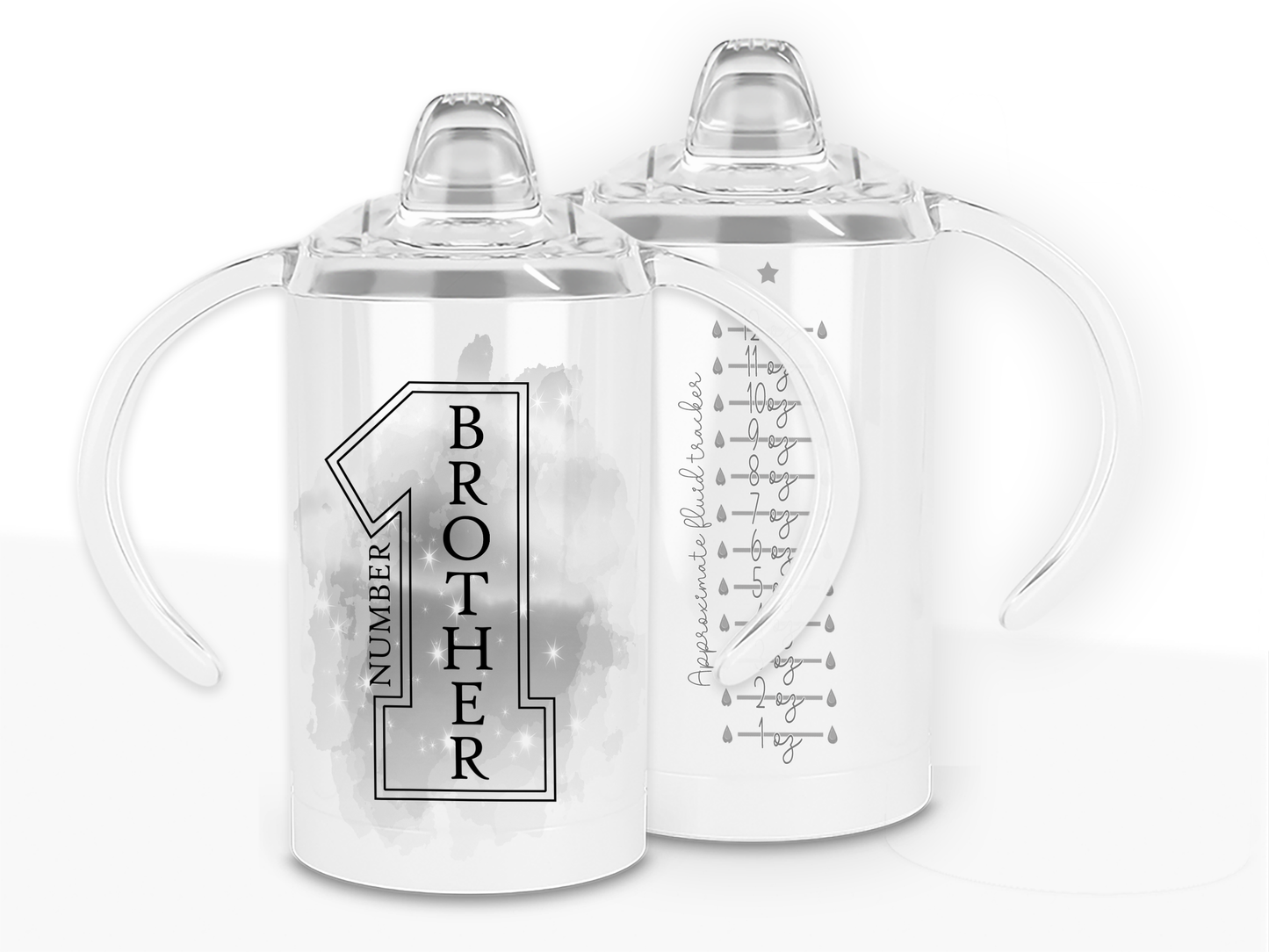 Printed Tumbler with clear plastic Two handled Sippy cup lid. Great for adults with disabilities and kids alike This one shows Number 1 Brother