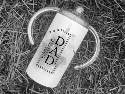 Printed Tumbler with clear plastic Two handled Sippy cup lid. Great for adults with disabilities and kids alike Design is Black white and grey Number 1 with the name or title written inside the number.