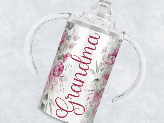 12oz insulated Sippy cup with spout for adults and children with disabilities Printed with pink roses sage green foliage and the name in a matching pink.