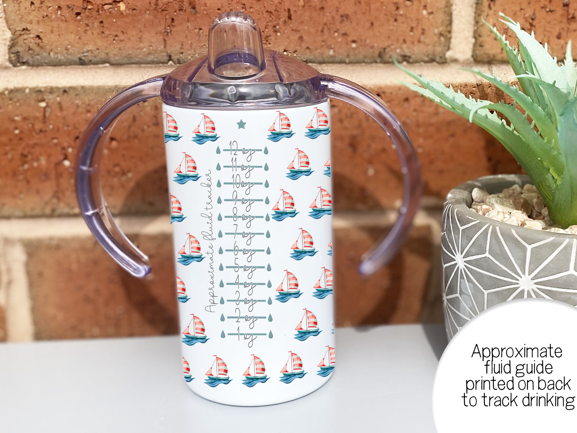White Adult sippy cup with sailing boat design, adaptive cup with Spouted lid for adults with disabilities. Image shows Back of sippy cup sailing boat design with an approximate fluid amount guide to roughly track how much user is drinking. Text bubble explians that there is an approximate fluid guide printed on back to roughly track drinking