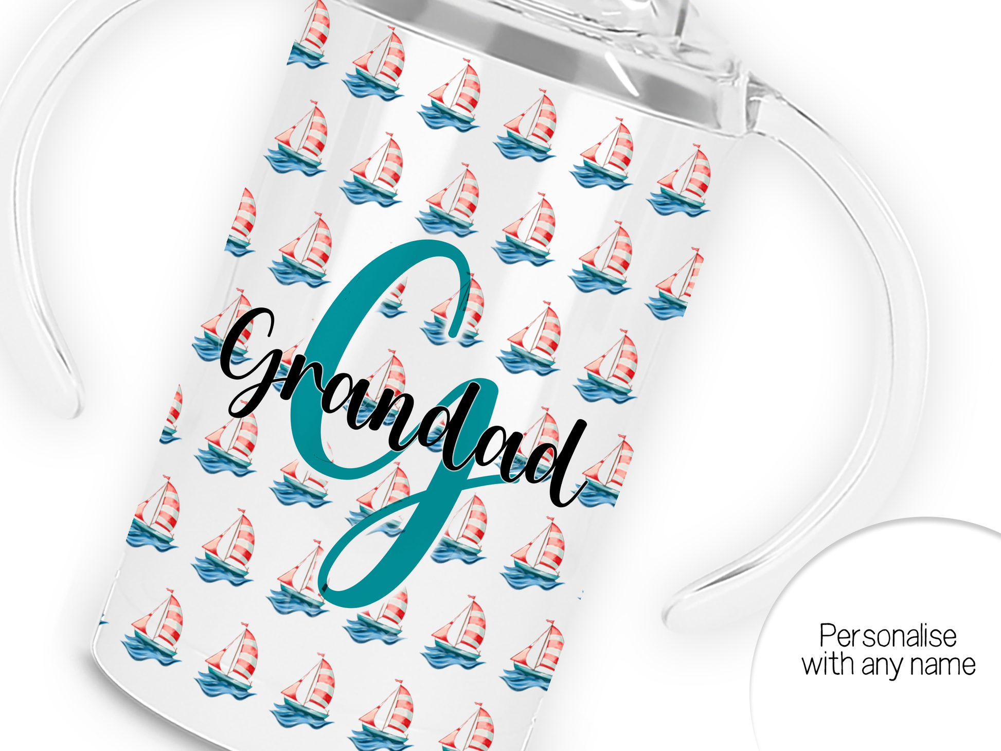 White Adult sippy cup with sailing boat design and inital and name, adaptive cup with Spouted lid for adults with disabilities. Image shows a close up of the front of a sippy cup showing sailing boat pattern and Large Initial with name across the middle. Text bubble explains that you can personalise the cup with any name 