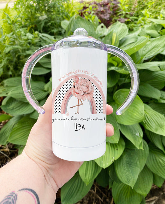 Personalised Flamingo adult sippy cup, two handle mug for disabled adults or children *LARGE*