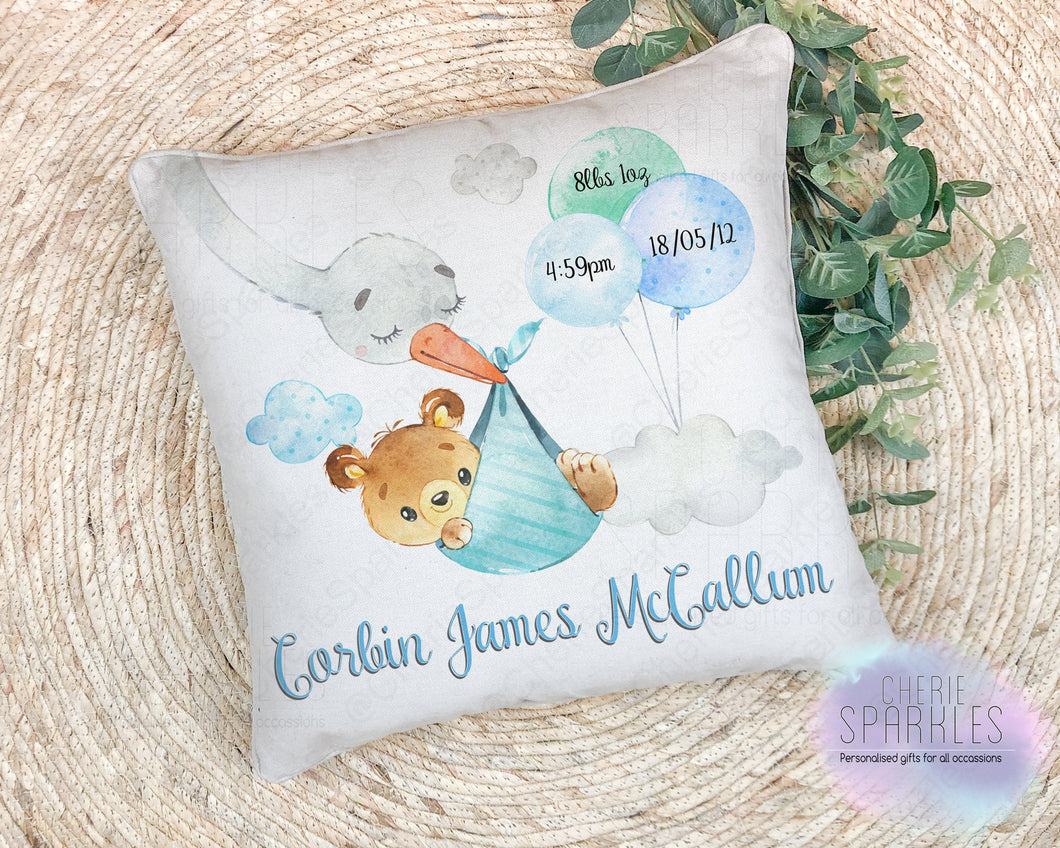 Stork baby Birth details cushion