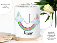 Load image into Gallery viewer, Upside down rainbow Shatter proof mug with name
