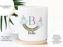 Load image into Gallery viewer, Upside down rainbow Shatter proof mug with name
