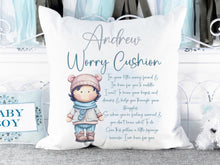 Load image into Gallery viewer, Worry character cushion for boys with name
