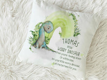 Load image into Gallery viewer, Worry Dinosaur rainbow cushion with name
