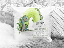 Load image into Gallery viewer, Worry Dinosaur rainbow cushion with name
