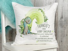 Load image into Gallery viewer, Worry Dinosaur rainbow cushion with name
