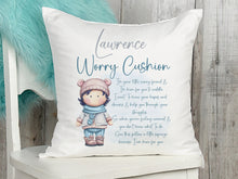 Load image into Gallery viewer, Worry character cushion for boys with name
