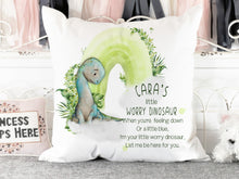Load image into Gallery viewer, Worry Dinosaur rainbow cushion with name
