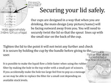 Load image into Gallery viewer, Image show sthe info card that will be included in your order. Explaining how to securely tighten your cup lid and how to adjust the flow of the liquid. 
