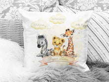 Load image into Gallery viewer, Personalised Safari animal Birth stats Cushion
