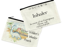 Load image into Gallery viewer, Dinosaur Asthma Inhaler holder , Medication bag for kids , medication travel bag , Asthma Pump medicine bag , Asthma spacer storage zip pouch
