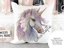 Load image into Gallery viewer, Personalised kids cushion with name. Unicorn gift ideas

