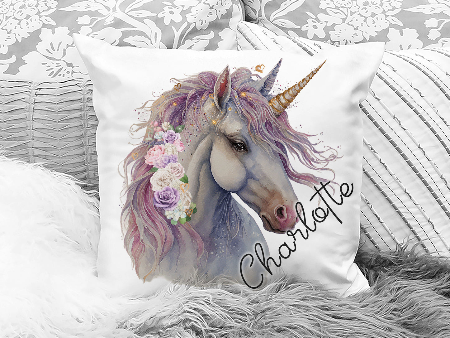 Personalised kids cushion with name. Unicorn gift ideas