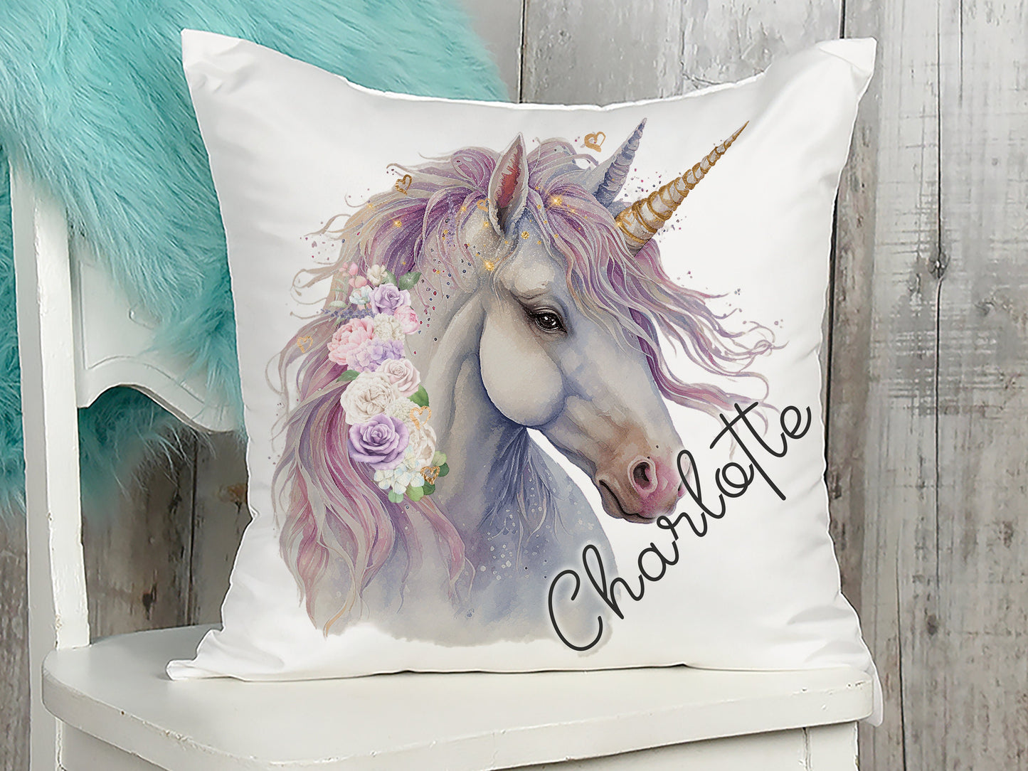 Personalised kids cushion with name. Unicorn gift ideas