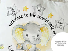 Load image into Gallery viewer, Personalised Elephant Birth stats cushion
