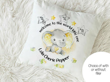 Load image into Gallery viewer, Personalised Elephant Birth stats cushion

