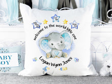 Load image into Gallery viewer, Personalised Elephant Birth stats cushion
