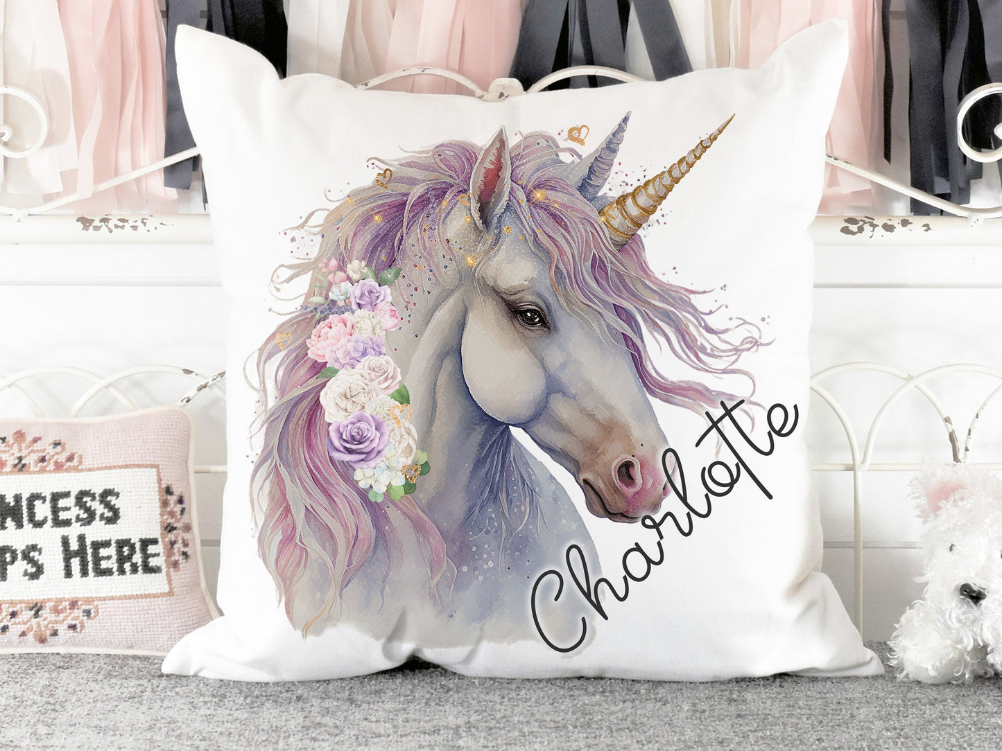 Personalised kids cushion with name. Unicorn gift ideas
