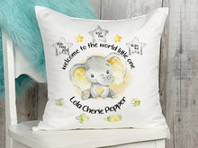 Load image into Gallery viewer, Personalised Elephant Birth stats cushion
