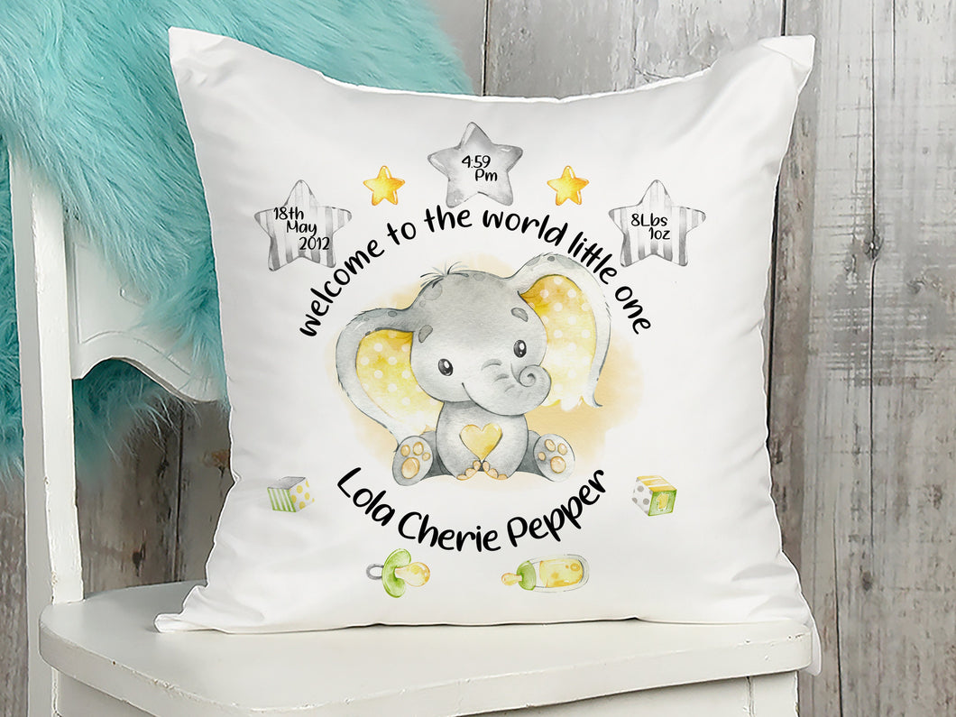Personalised Elephant Birth stats cushion
