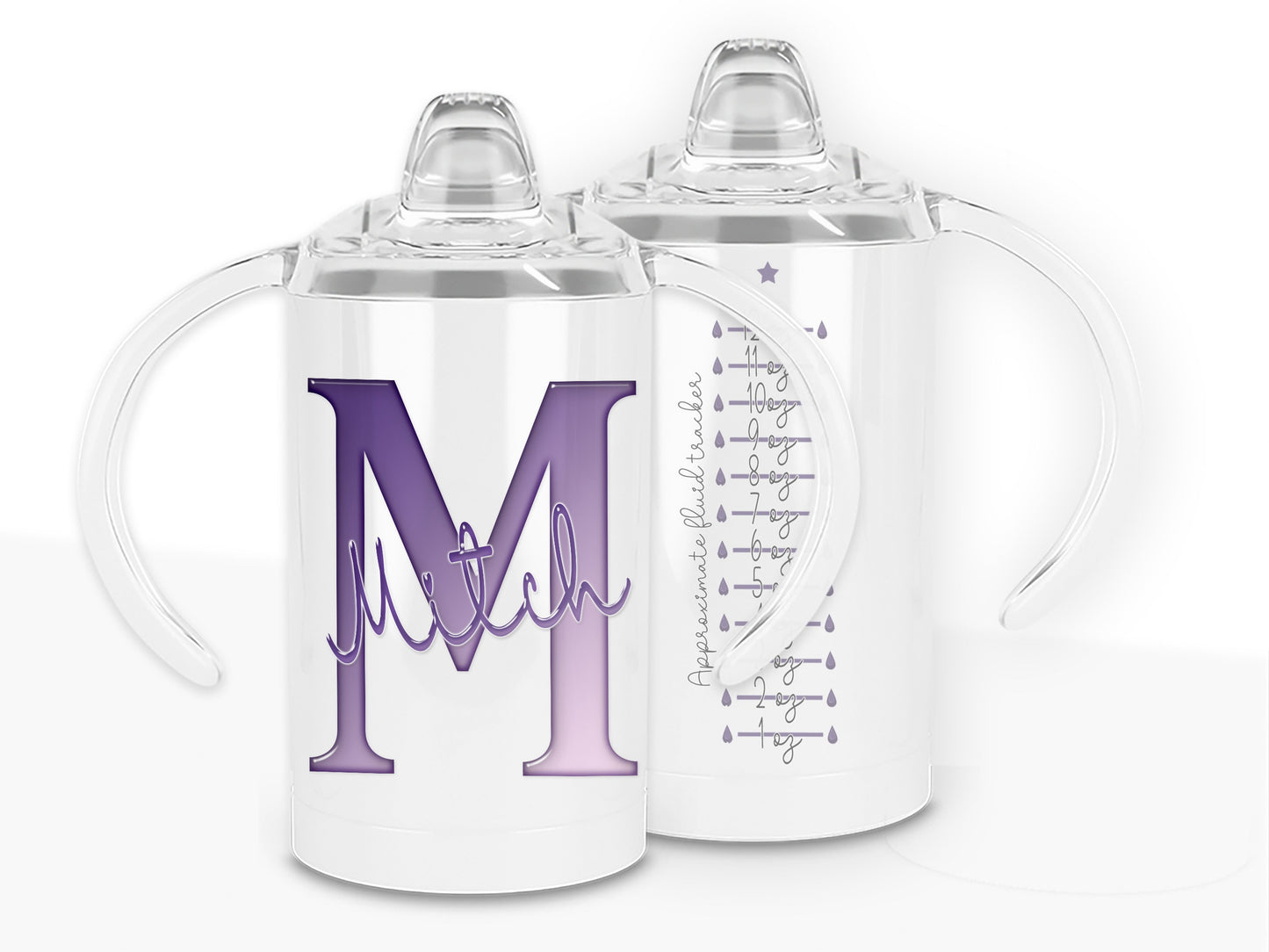 White Stainless steel Sippy cup with clear plastic lid with spout and large handles. A glossy Purple and white Initial with Name in script written across in matching purple. the back has an approximate fluid guide in matching purple