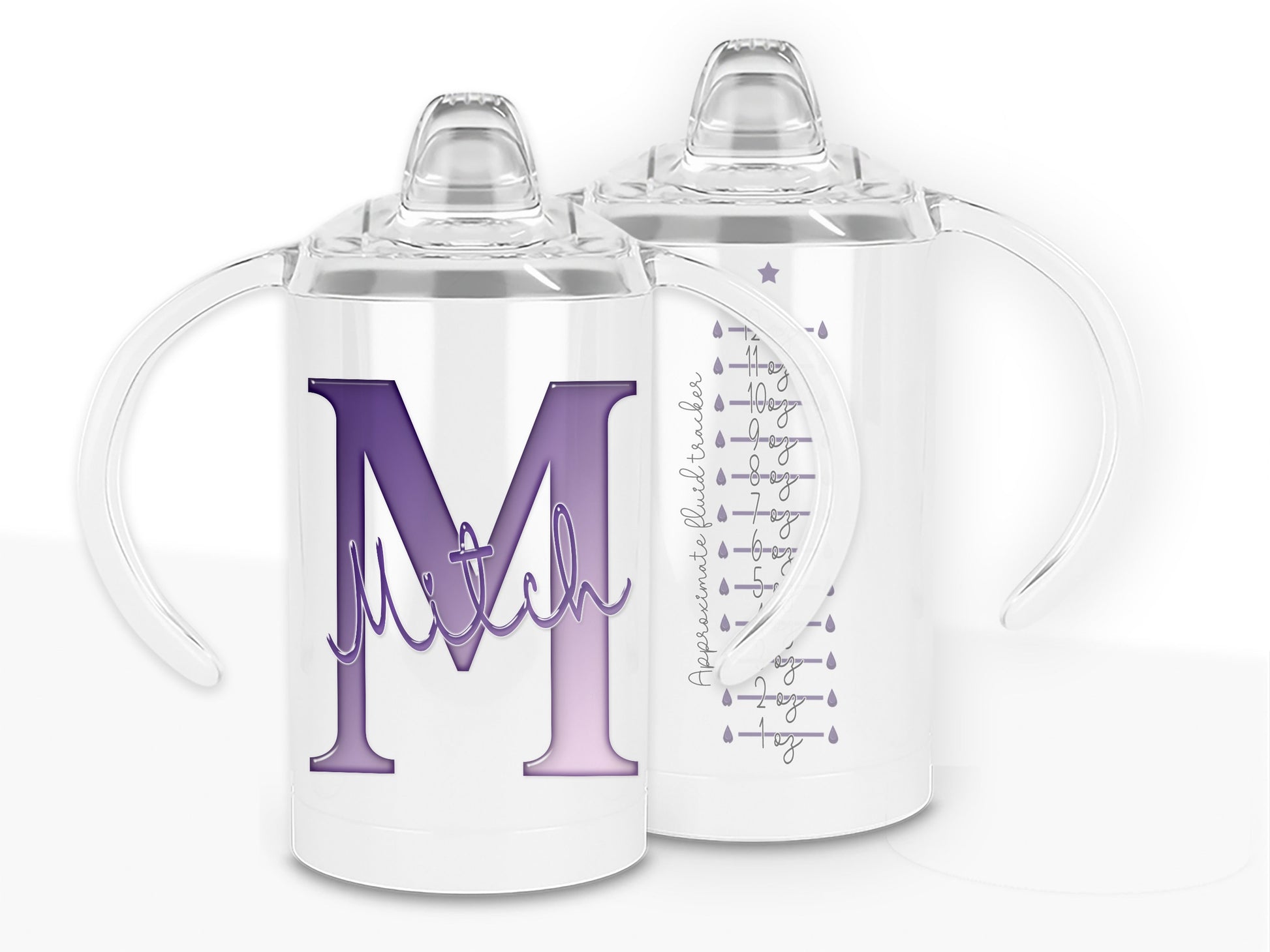 White Stainless steel Sippy cup with clear plastic lid with spout and large handles. A glossy Purple and white Initial with Name in script written across in matching purple. the back has an approximate fluid guide in matching purple