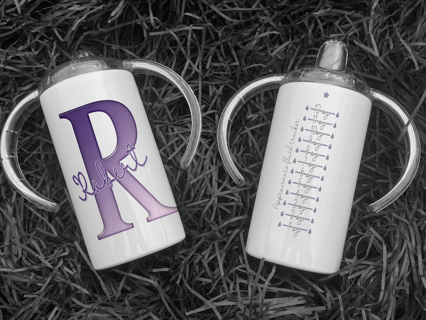 White Stainless steel Sippy cup with clear plastic lid with spout and large handles. A glossy Purple and white Initial with Name in script written across in matching purple. the back has an approximate fluid guide in matching purple