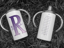 Load image into Gallery viewer, White Stainless steel Sippy cup with clear plastic lid with spout and large handles. A glossy Purple and white Initial with Name in script written across in matching purple. the back has an approximate fluid guide in matching purple
