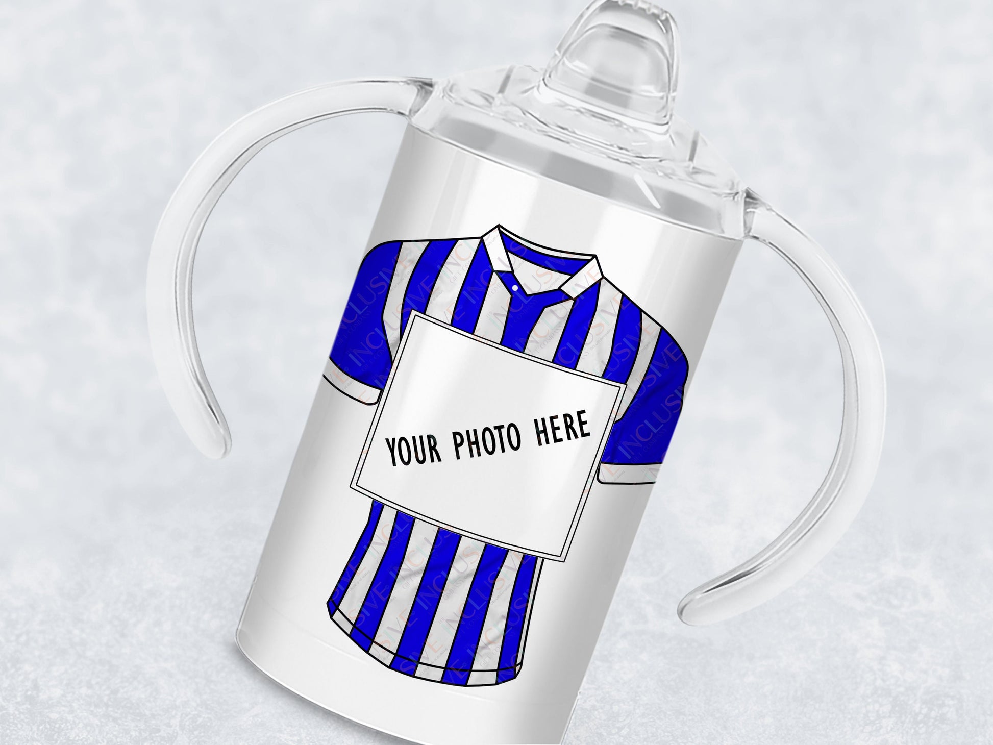 12oz insulated Sippy cup with spout for adults and children with disabilities Printed with striped football shirt in colour of your choice with a photo of your choice displayed in a square frame in the centre