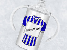 Load image into Gallery viewer, 12oz insulated Sippy cup with spout for adults and children with disabilities Printed with striped football shirt in colour of your choice with a photo of your choice displayed in a square frame in the centre
