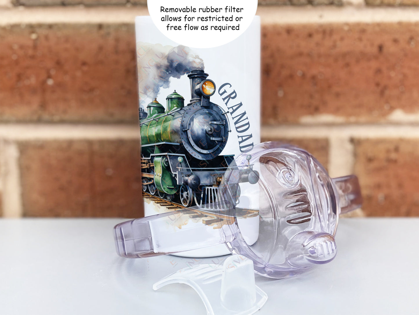 Rubber filter sits inside the sippy lid to restrict flow or remove to allow free flow