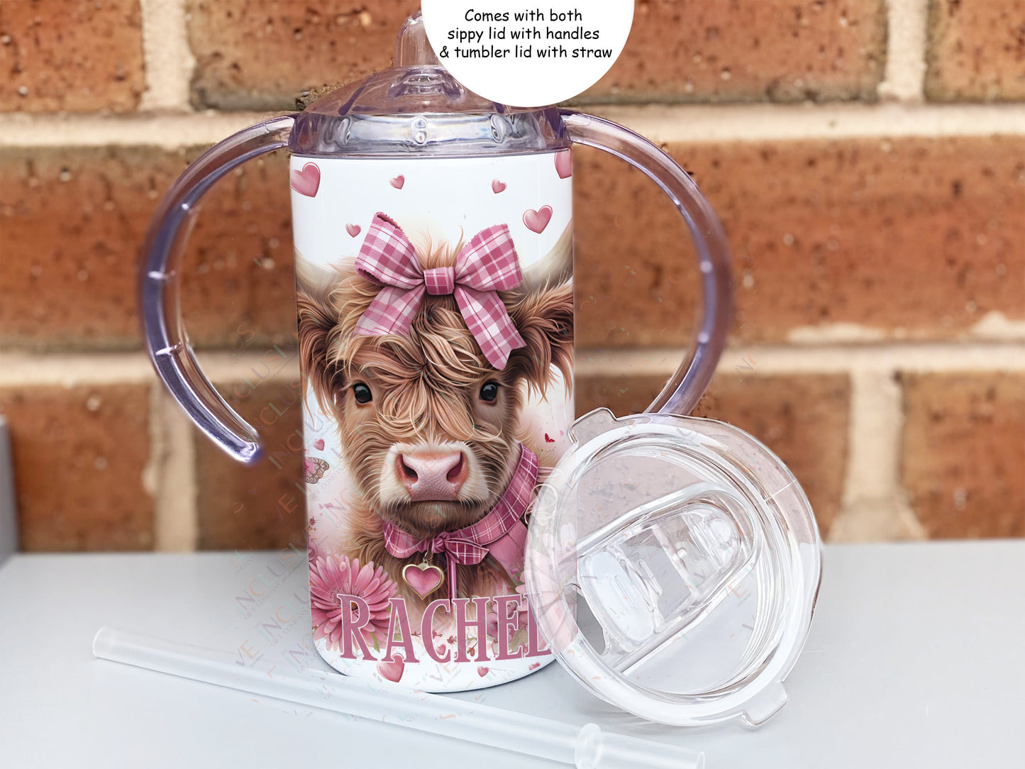 Choice of lids included. Sippy lid with spout and handles or a flat tumbler lid with straw