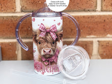 Load image into Gallery viewer, Choice of lids included. Sippy lid with spout and handles or a flat tumbler lid with straw
