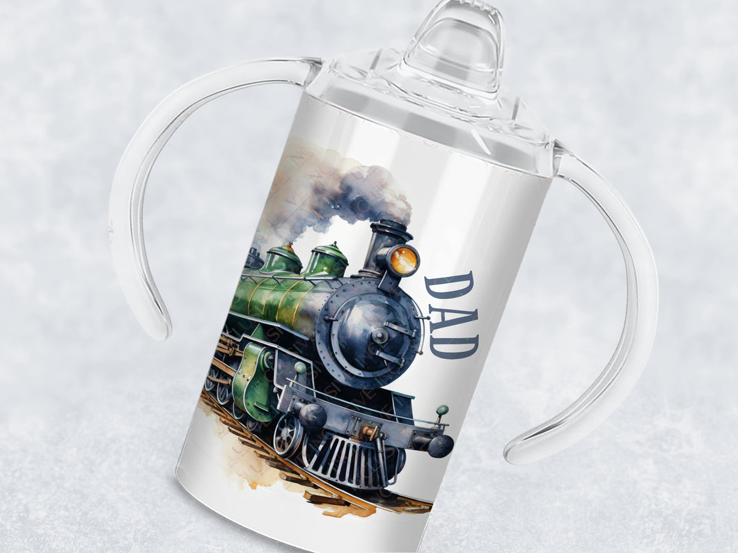 12oz insulated Sippy cup with spout for adults and children with disabilities Printed with a green & dark grey victorian era Steam Train with optional name in a matching dark grey.